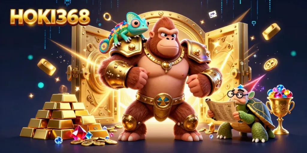 Engage with thrilling slot adventures at HOKI368, featuring a vibrant 3D illustration of a gorilla king in golden armor, a chameleon, and a tortoise, surrounded by gems and treasures.