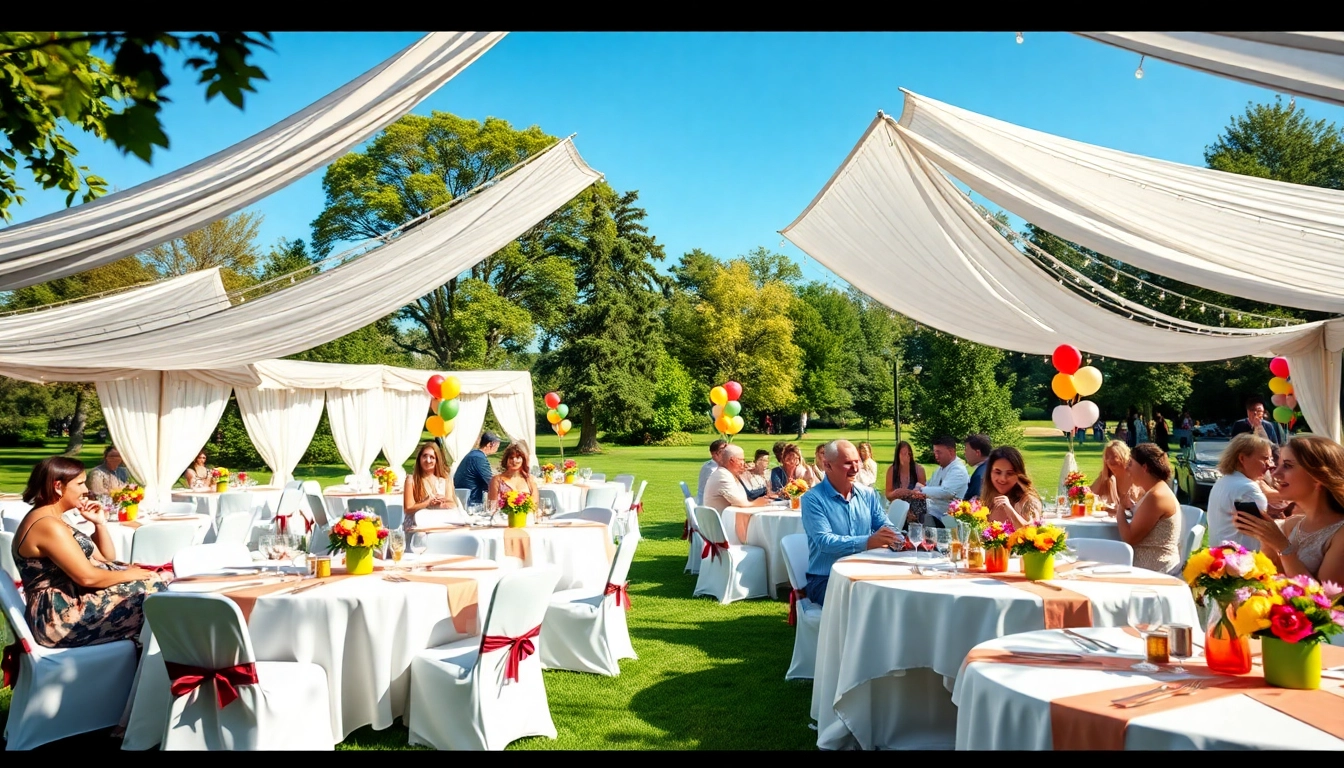 Enjoy vibrant Outdoor Party Rentals featuring tents, tables, and decorations in a beautiful park setting.