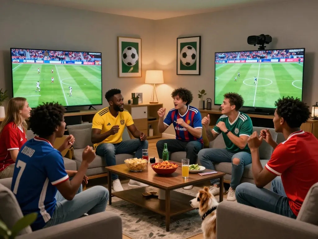 Cakhia tv fans enjoying a live football match in a cozy setting, surrounded by snacks and team jerseys.