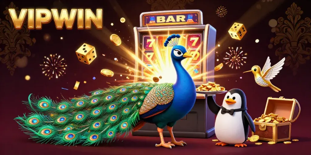 Experience the vibrant world of VIPWIN casino with a colorful scene of characters and gaming elements.