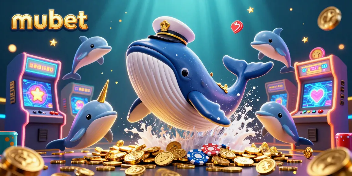 Experience the thrill of mubet with a 3D whale, coins, and playful dolphins in a vibrant casino scene.