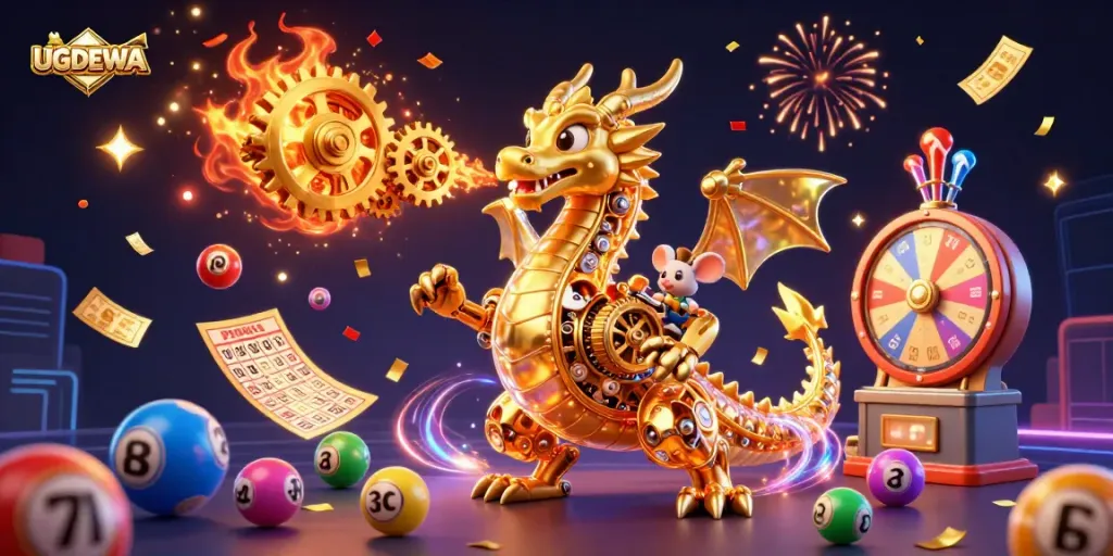 Win big with UGDEWA's dynamic lottery scene featuring colorful elements and immersive gaming visuals.