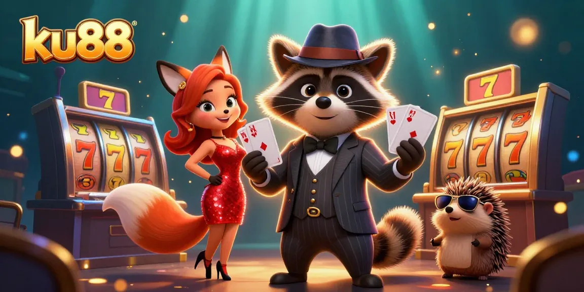 Explore exciting games at ku88 with a charming raccoon, fox, and hedgehog in a vivid casino setting.