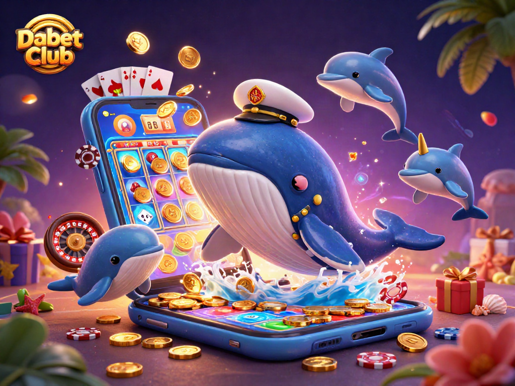 Dabet Club showcases a vibrant whale and narwhal, immersed in a dynamic casino scene with playful dolphins.