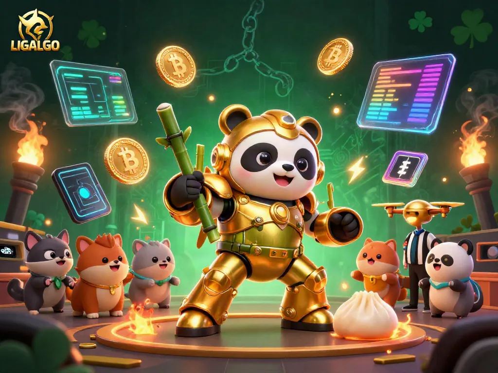 Engage with LIGALGO through a dynamic 3D illustration of a golden panda pilot in a futuristic gaming arena.