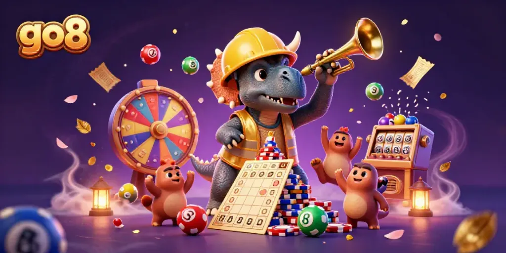 Engage with go8's lively casino scene featuring triumphant cartoon characters celebrating gaming.