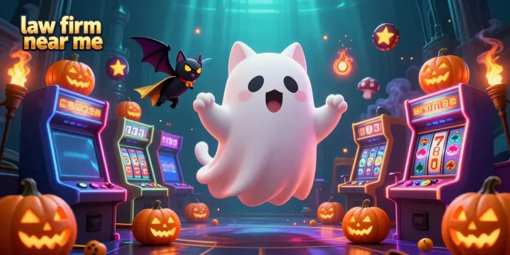 Experience a law firm near me with a floating ghost cat in a haunted casino, glowing poker suit jack-o-lanterns, and slot machines.