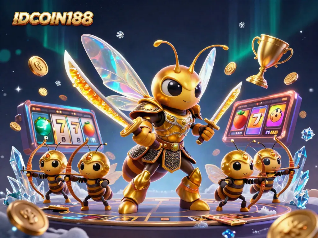 IDCOIN188 offers a vibrant gaming experience with a golden hornet and bee archers amidst slot reels, showcasing casino action.