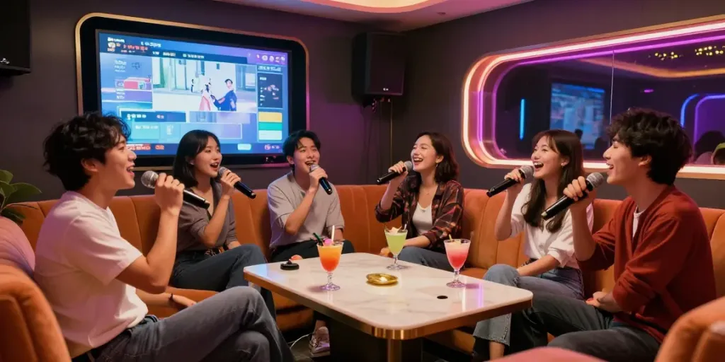 강남 달토의 우아한 가라오케 방에서 친구들이 함께 노래하는 모습