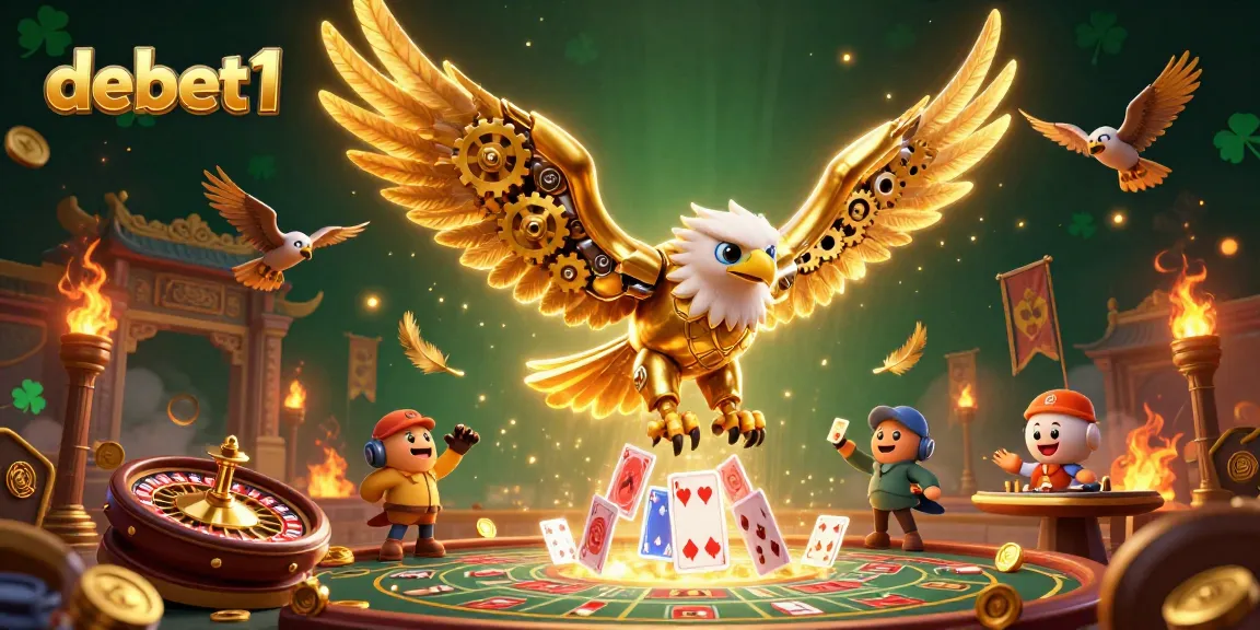 Experience debet1 live casino action with 3D golden eagle and holographic cards.