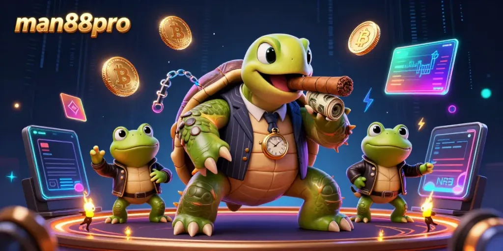 Engage in thrilling gambling at man88pro with a 3D cartoon turtle mobster and vibrant casino elements.