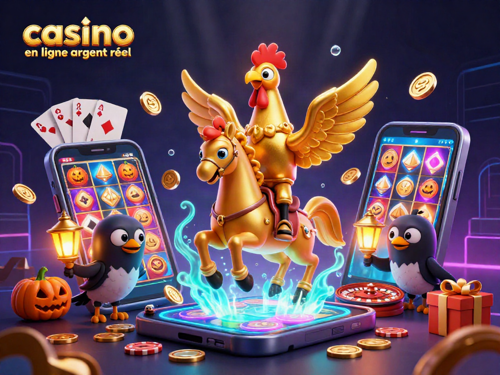 Jouez au casino en ligne argent réel avec une illustration dynamique de têtes couronnées et de jeux de loterie.