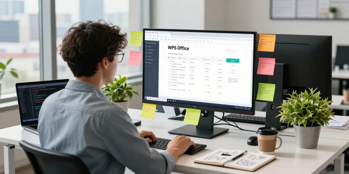 Download WPS Office interface on a large screen in a modern tech workspace.