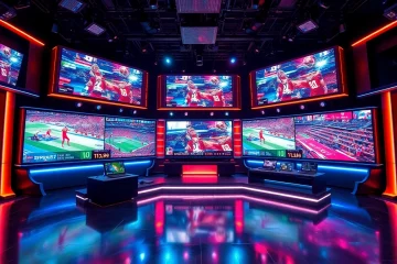 Engaging scene of sports broadcasting showcasing live sports events with vibrant screens.