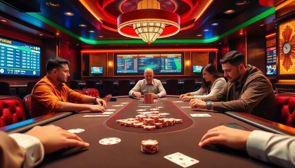 Exciting poker game at f168 com casino with vibrant chips and players in action