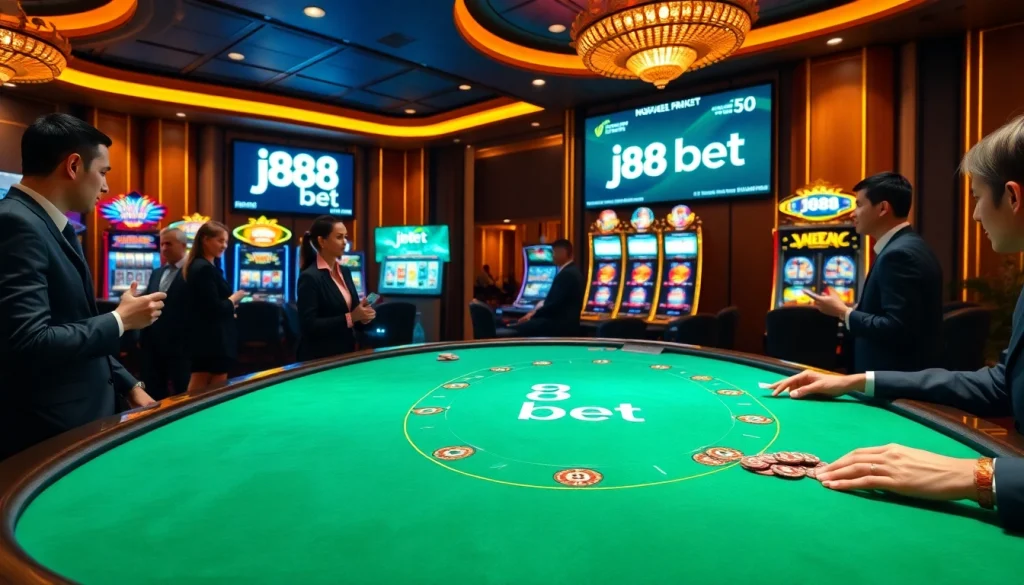 Experience thrilling gameplay at j88 bet casino tables with vibrant cards and chips.