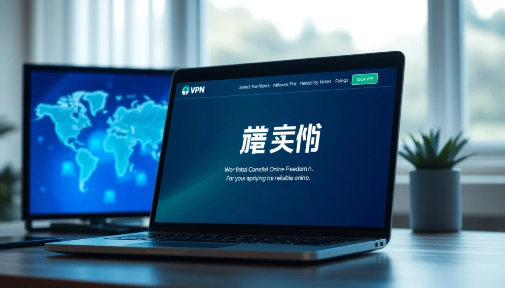 在专业工作区的笔记本电脑上显示的快连 VPN 网站，象征全球互联。