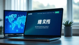 在专业工作区的笔记本电脑上显示的快连 VPN 网站，象征全球互联。