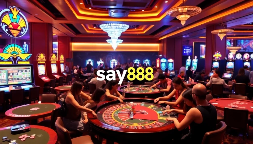 SAY88 casino experience with players at tables, showcasing vibrant gambling action and modern online interface.