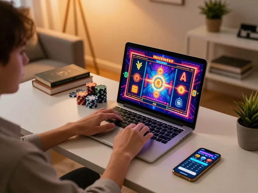 Engaging gaming session at luckywin with vibrant slot graphics and a focused player at home
