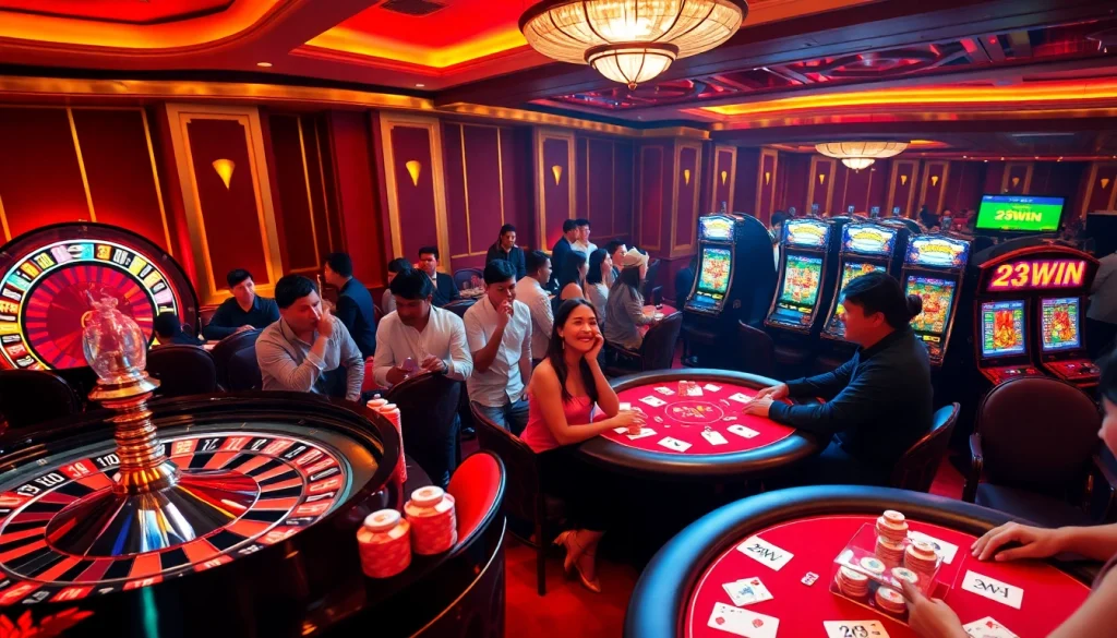 Experience the excitement of 23WIN at a luxurious casino showcasing roulette and poker action.