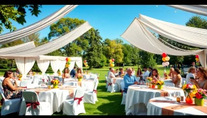 Enjoy vibrant Outdoor Party Rentals featuring tents, tables, and decorations in a beautiful park setting.