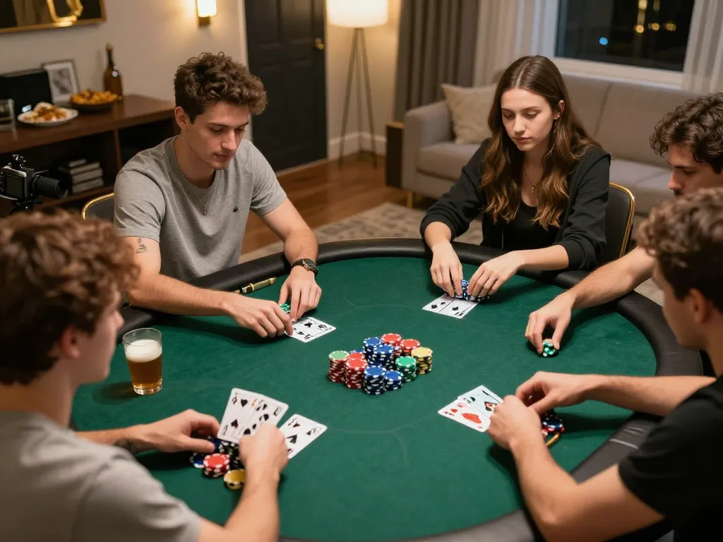 Friends enjoying a thrilling poker game at home, showcasing strategic play and camaraderie in a 789betcom atmosphere.