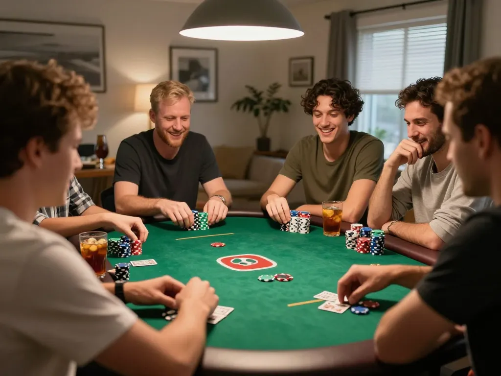 Friends enjoying Texas Hold'em poker at home, showcasing LC88's fun and social gaming experience.