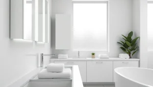Stylish illuminated bathroom cabinets with modern design and natural light.