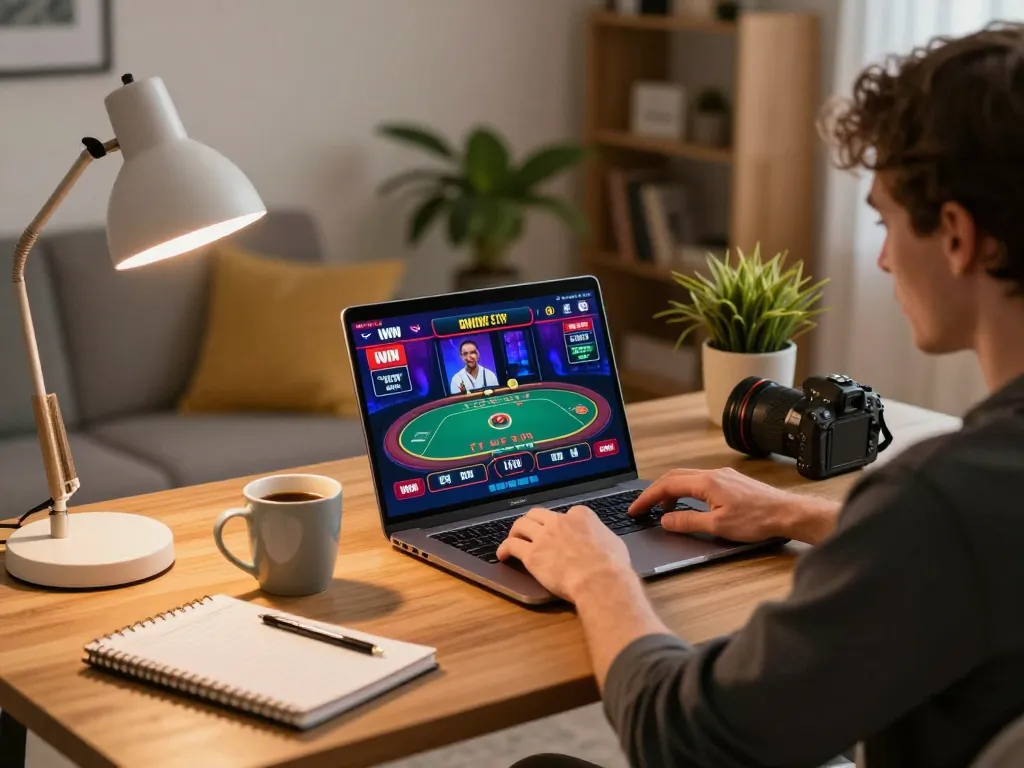 IWIN online gaming setup where a player enjoys poker on their laptop in a cozy home environment.