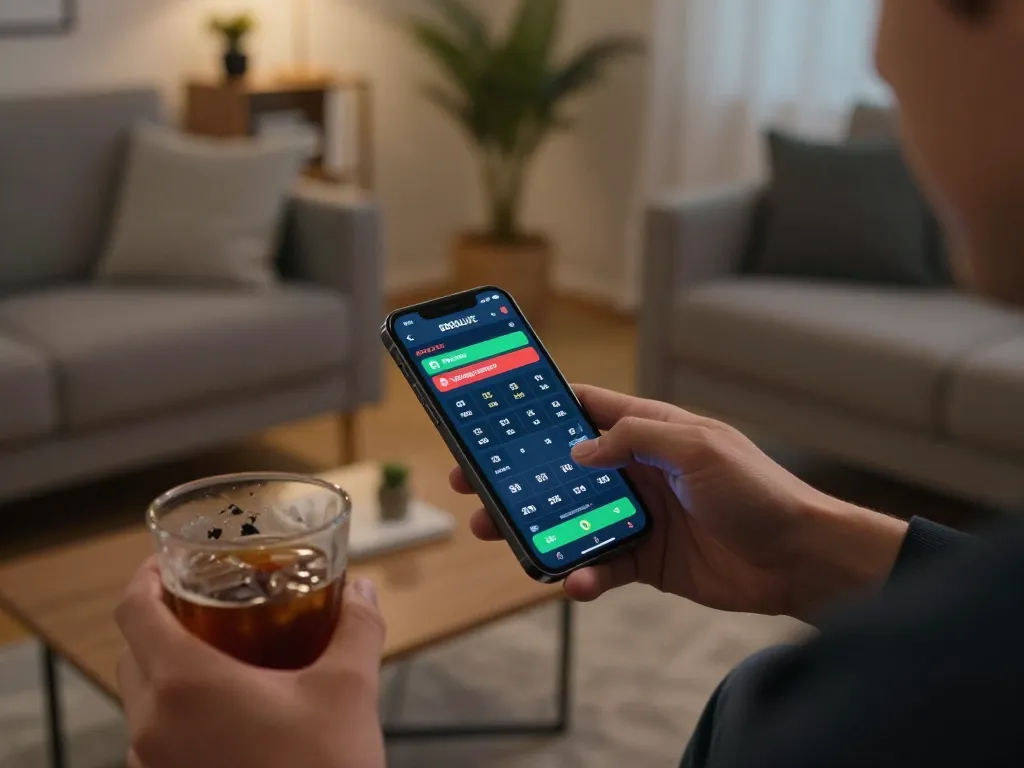 SOCOLIVE user placing a bet on a smartphone in a cozy living room, showcasing an engaging online sports betting atmosphere.