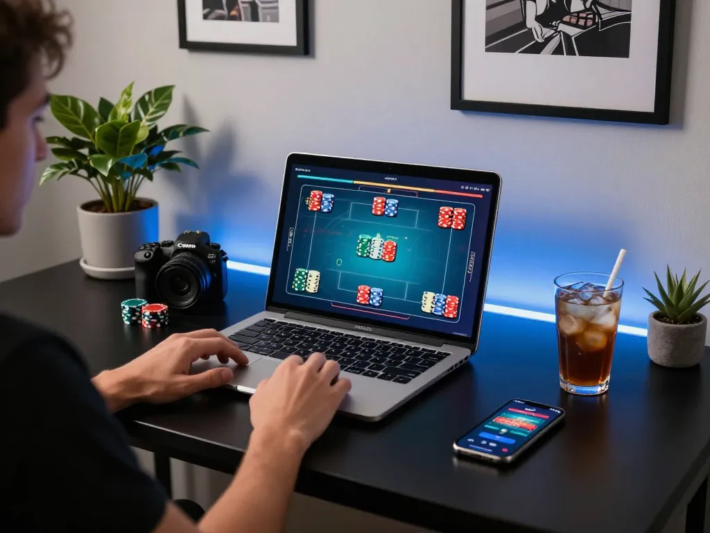 Engaging in online poker at home with 壹發娛樂 on display, showcasing intense gameplay.