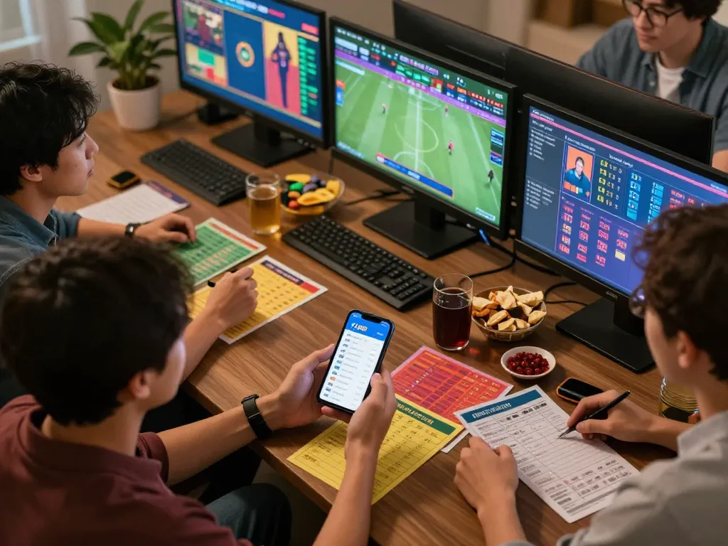 Friends intensely engage in sports betting with Fly88 app on the table.