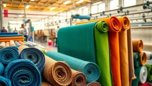Viscose fabric rolls showcasing vibrant textures and colors in a textile workshop.