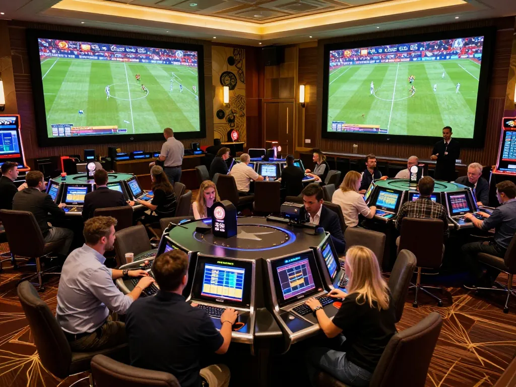 Xoilac sports betting scene with fans engaging in live football match wagers in an upscale casino.