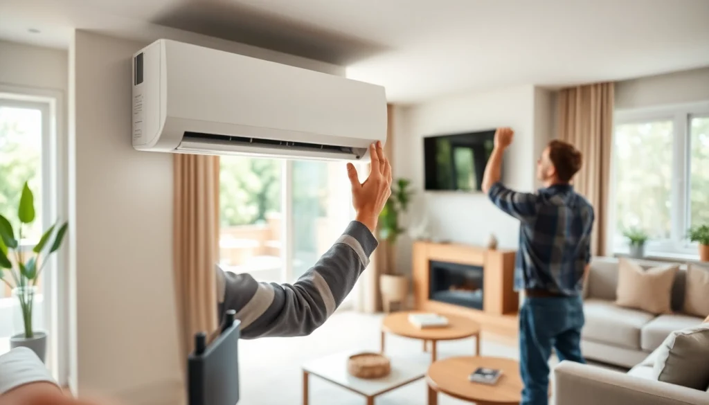 Install a mini split ac in a stylish living room, showcasing modern design and comfort.