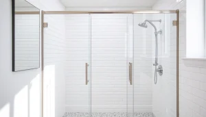 Showcases semi-frameless shower screens in a stylish bathroom with modern fixtures.