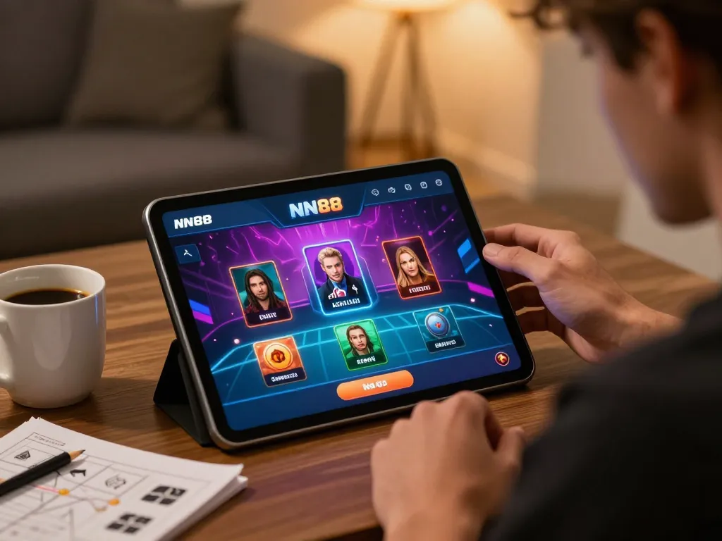 Player enjoying NN88 live casino on tablet with strategy notes in cozy atmosphere.