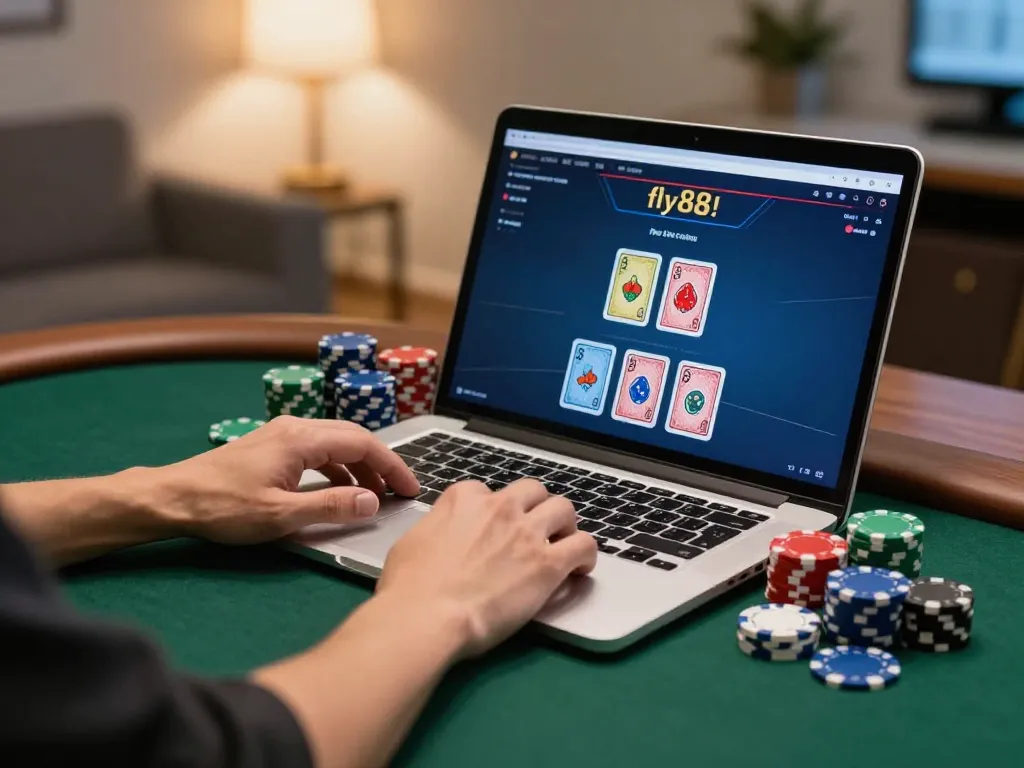 Player placing a bet during an online poker game on fly88 com, showcasing exciting gaming experience.