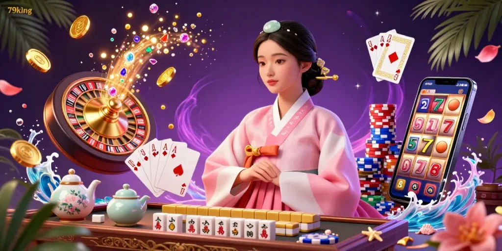 Experience thrilling gameplay with 79king at a vibrant casino scene featuring elegant characters and dazzling elements.