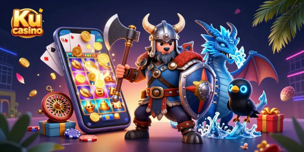 Engage with Ku casino through thrilling 3D illustration of Viking warrior, dragon, and dynamic gaming elements.