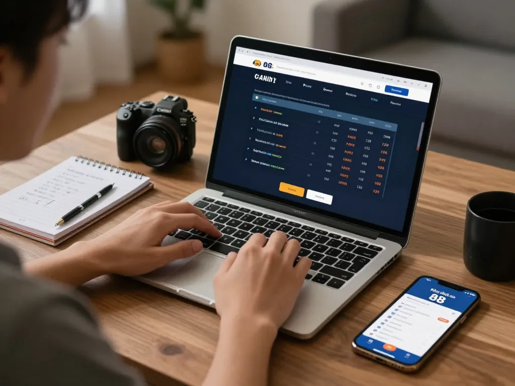 Kèo nhà cái 88 displayed on a laptop, showcasing sports betting odds and an engaged user with strategic notes.
