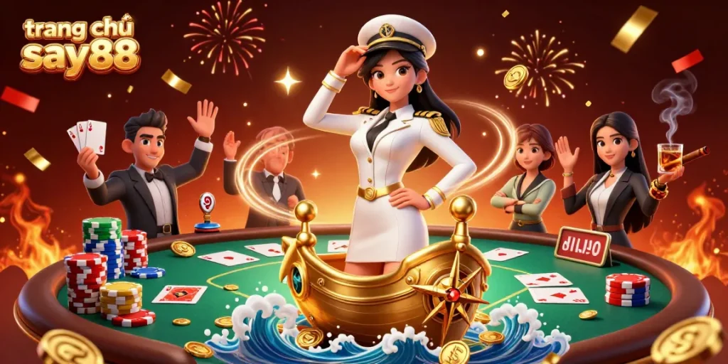 Experience the excitement of trang chủ say88 with a vibrant 3D casino illustration showcasing poker elements and lively characters.