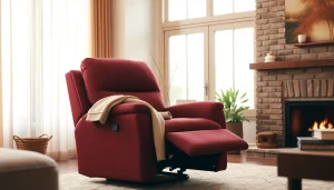 A comfortable lift chair recliner next to a fireplace in a warm, inviting living room.
