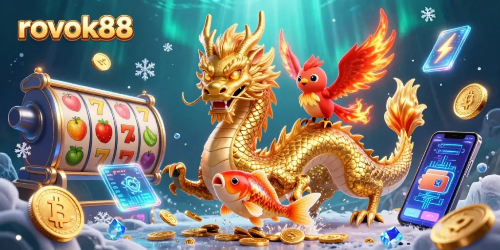 Engage with rokok88's exciting slot experience featuring golden dragon, phoenix, and koi fish.
