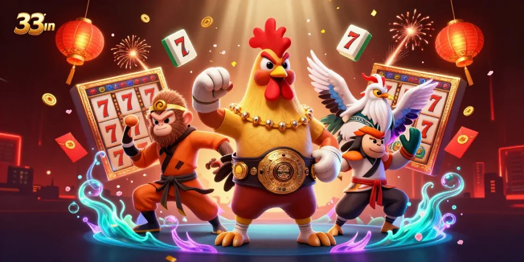 Engage with 33win's vibrant gambling world, featuring charismatic characters in a lively casino scene.