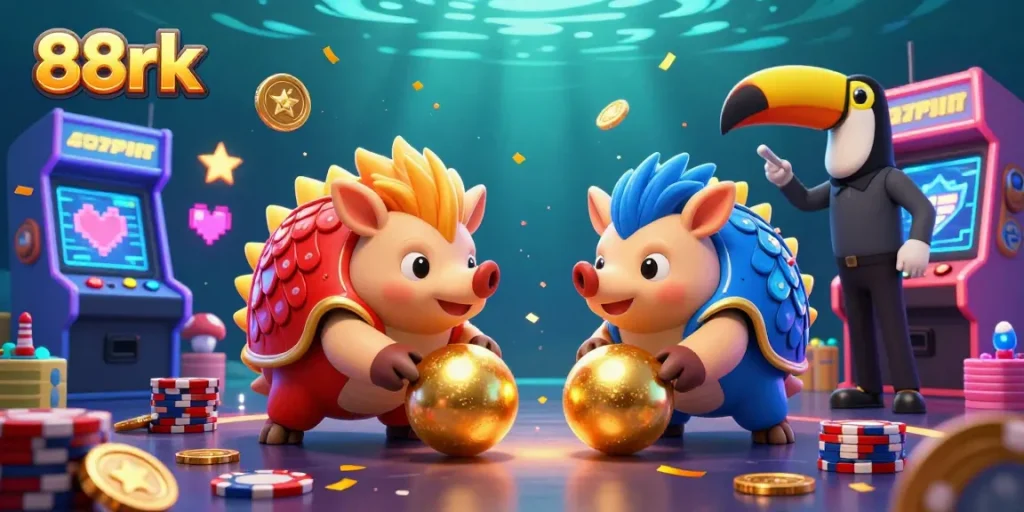 Engage with the vibrant 88rk pangolin bowling scene, filled with poker chips and 3D gaming elements.