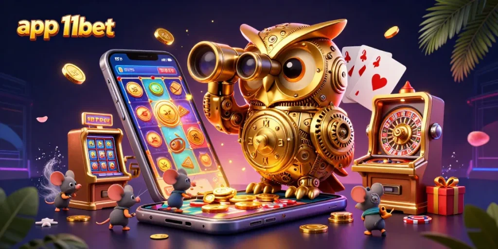 Experience thrilling fun with app 11bet as the golden owl oversees exciting casino games.