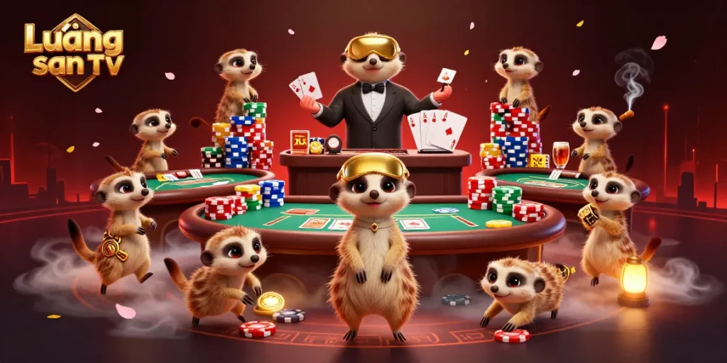 Lương sơn TV showcases a vibrant casino scene with meerkats gambling and excitement.