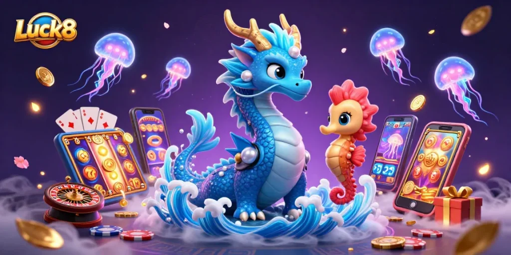 Engage with Luck8 in a vibrant casino world, featuring playful dragon and jellyfish, surrounded by slot games.